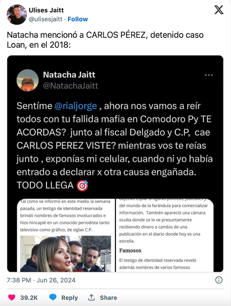 Natacha Jaitt apuntó contra Carlos Pérez en 2018, según mostró su hermano Ulises. Fuente: Captura de imagen de X subida por Ulises Jaitt.