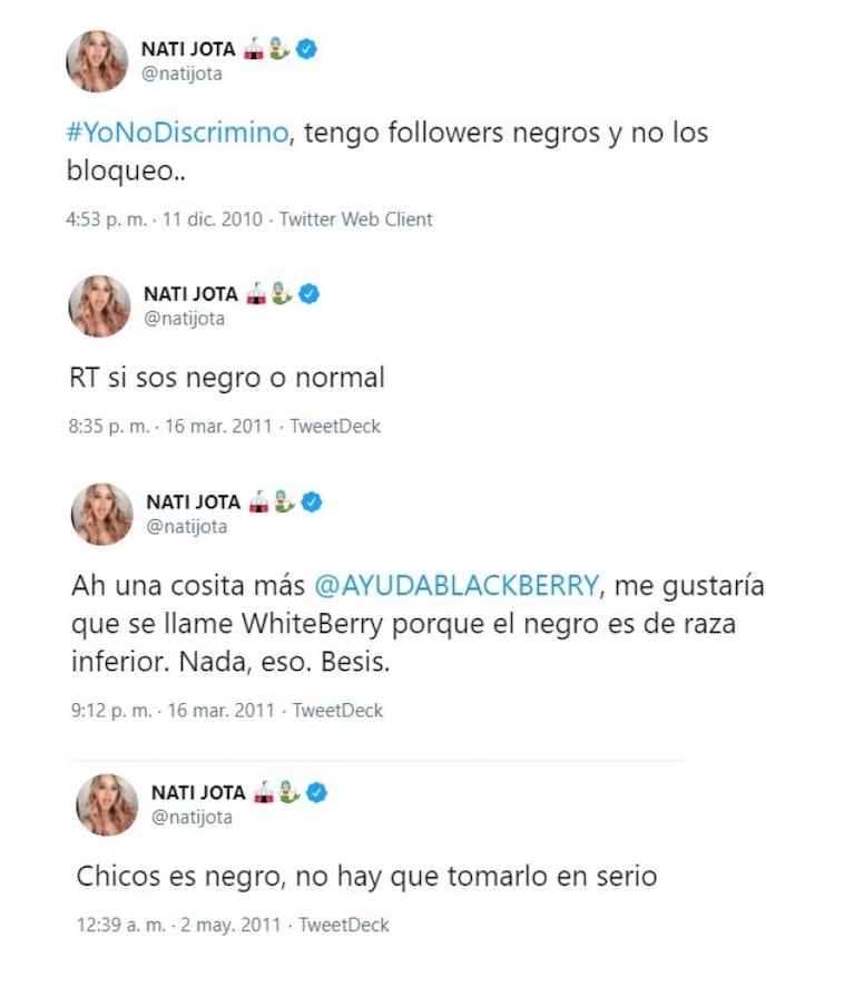 Nati Jota también discriminó en Twitter: qué dijo sobre sus tuits racistas