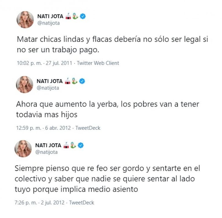 Nati Jota también discriminó en Twitter: qué dijo sobre sus tuits racistas