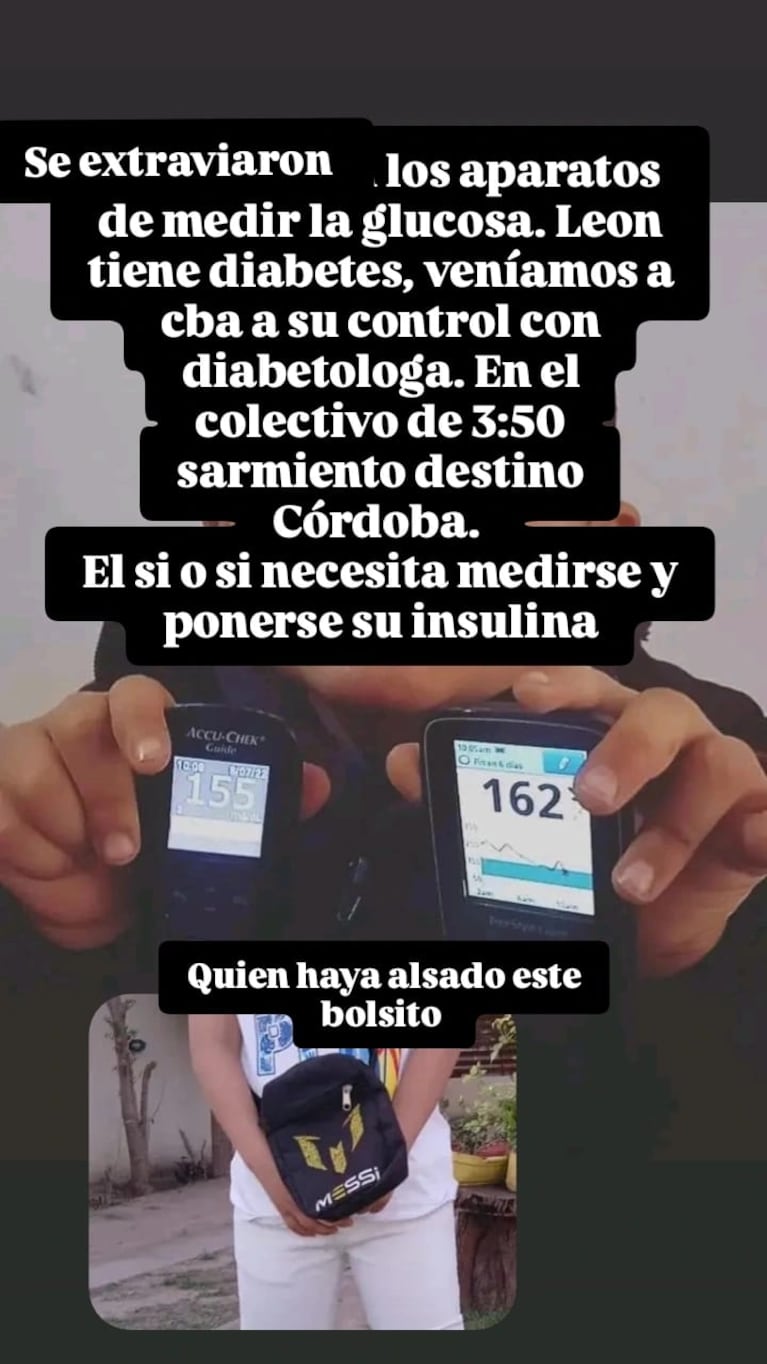 Niño con diabetes viajó de Cruz de Eje a Córdoba para un control, pero se le perdió su glucómetro y pide ayuda