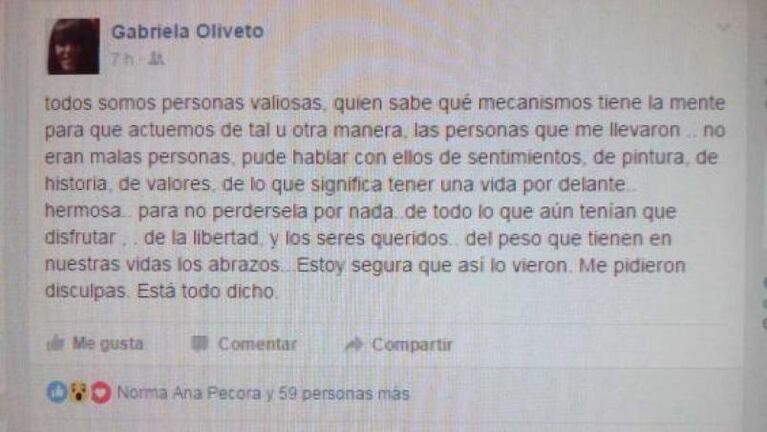 "No eran malas personas", dijo la mujer secuestrada en Leones