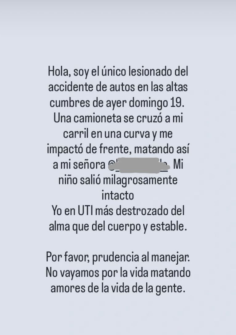 “No vayamos matando amores”: el revelador posteo del sobreviviente de la tragedia en las Altas Cumbres