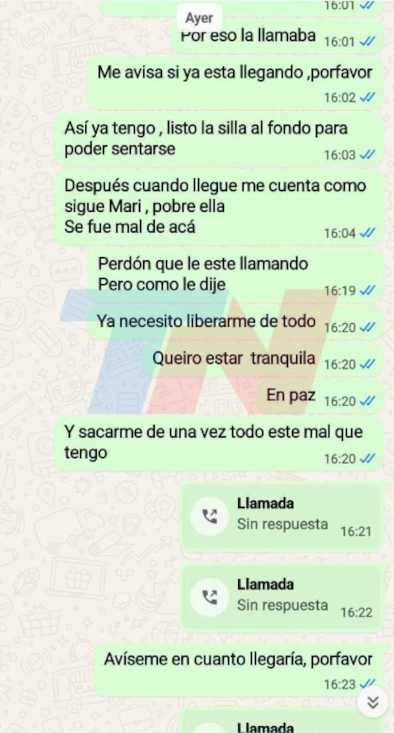 Nuevos chats que demuestran la confianza entre las gitanas y la mujer que se suicidó. (Imagen: captura TN).