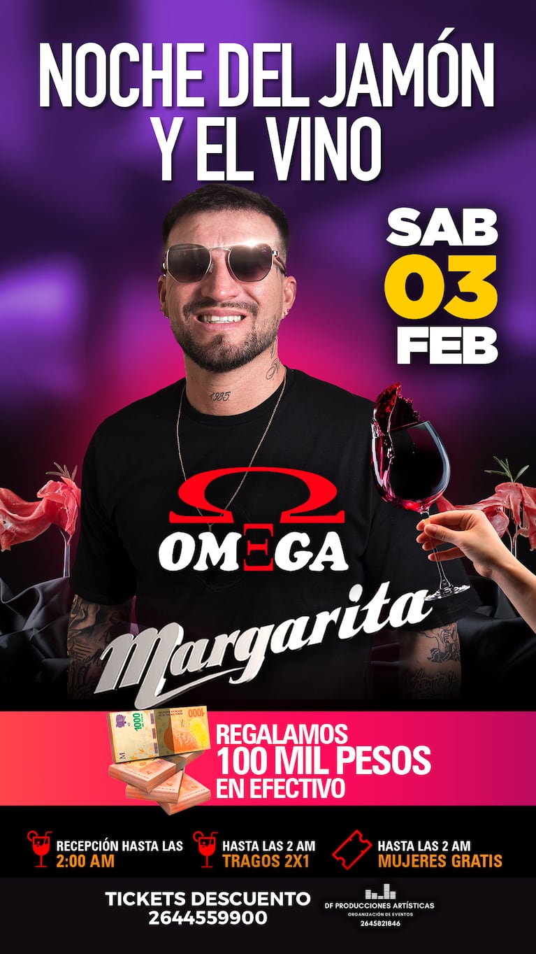 Omega noche del jamón y el vino.