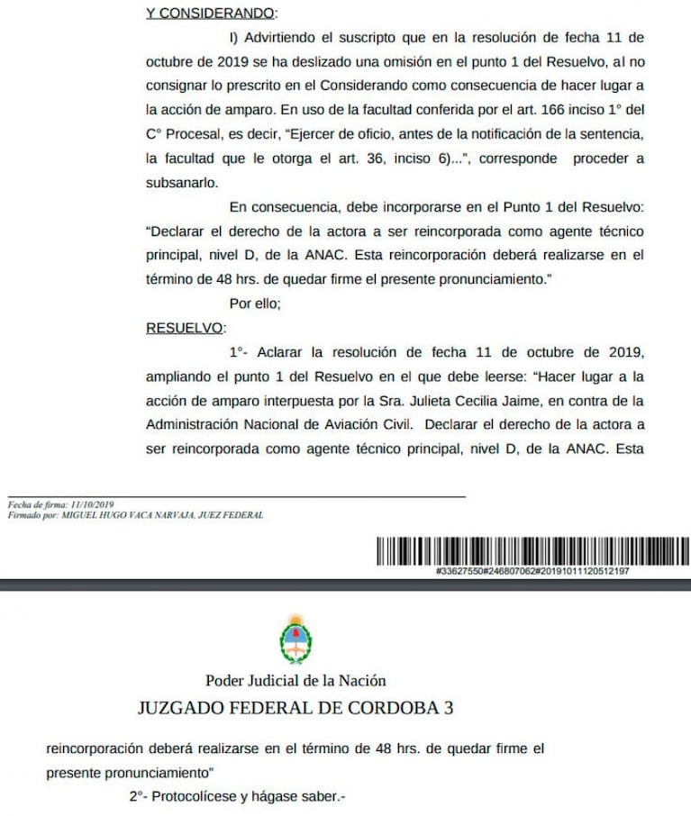 Ordenan que la hija del condenado Ricardo Jaime sea reincorporada a su trabajo