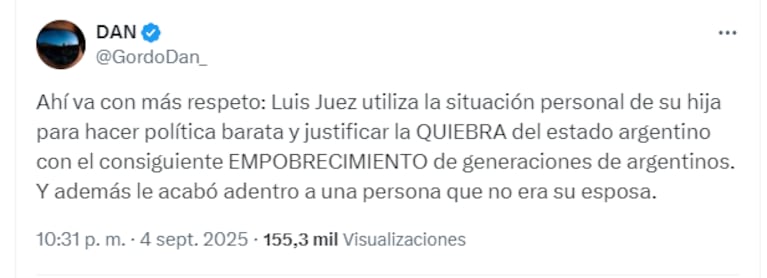 Otro posteo de Gordo Dan contra Luis Juez.