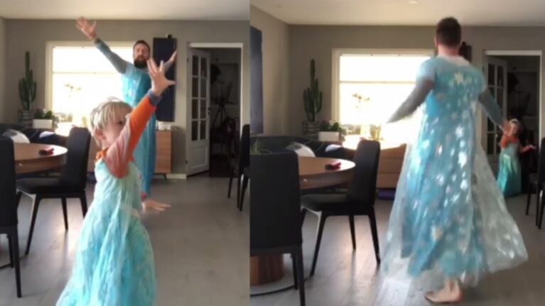 Padre e hijo bailando al ritmo de "Let it go".