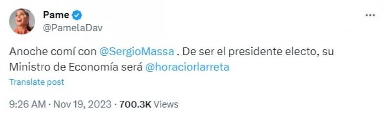 Pamela David contó que cenó con Massa y lanzó un rumor que sacudió las redes