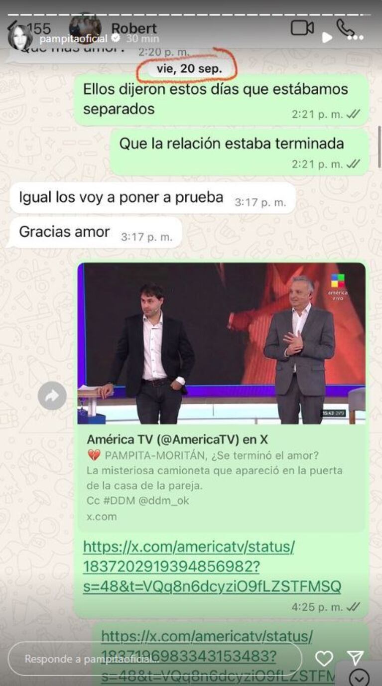 Pampita mostró el chat del día en que terminó su relación con Moritán (Foto: captura Instagram/pampitaoficial)