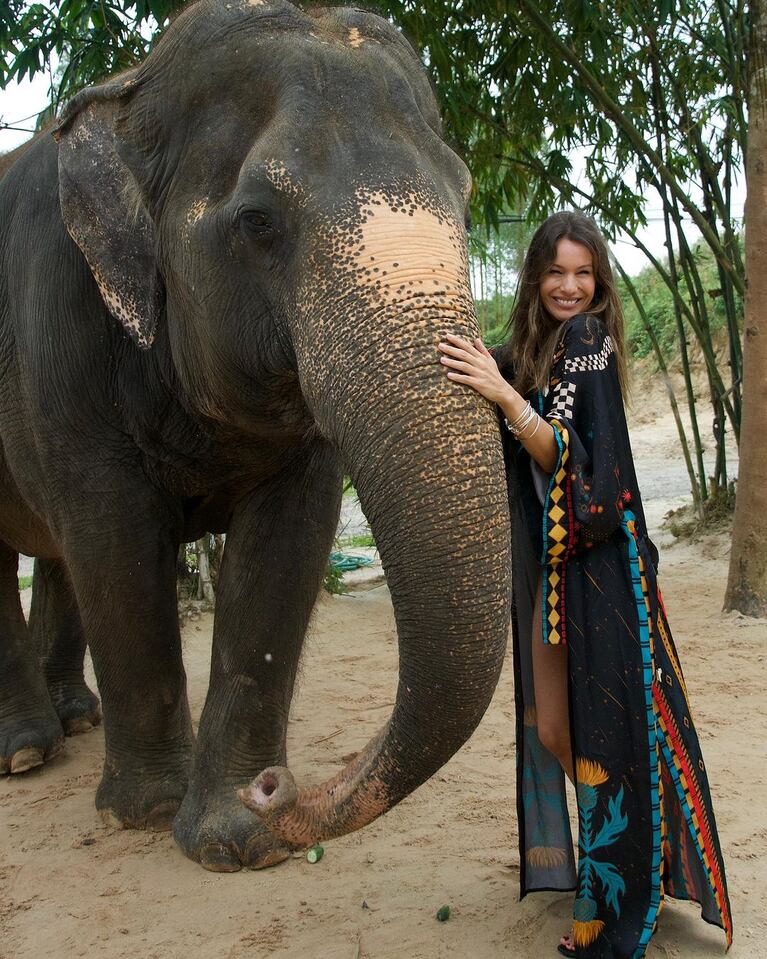 Pampita visitó el santuario de elefantes en Tailandia.