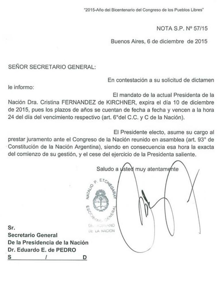 Para el Gobierno, el mandato de Cristina termina el 10 a las 24
