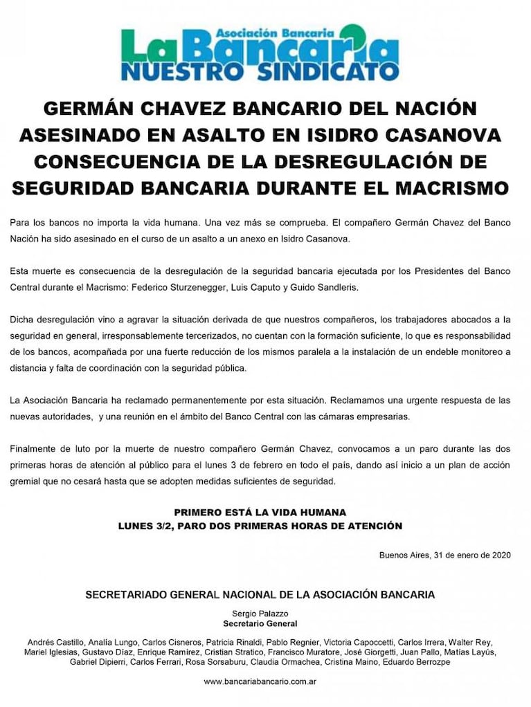 Paro bancario para este lunes: es por el crimen de un cajero en Isidro Casanova