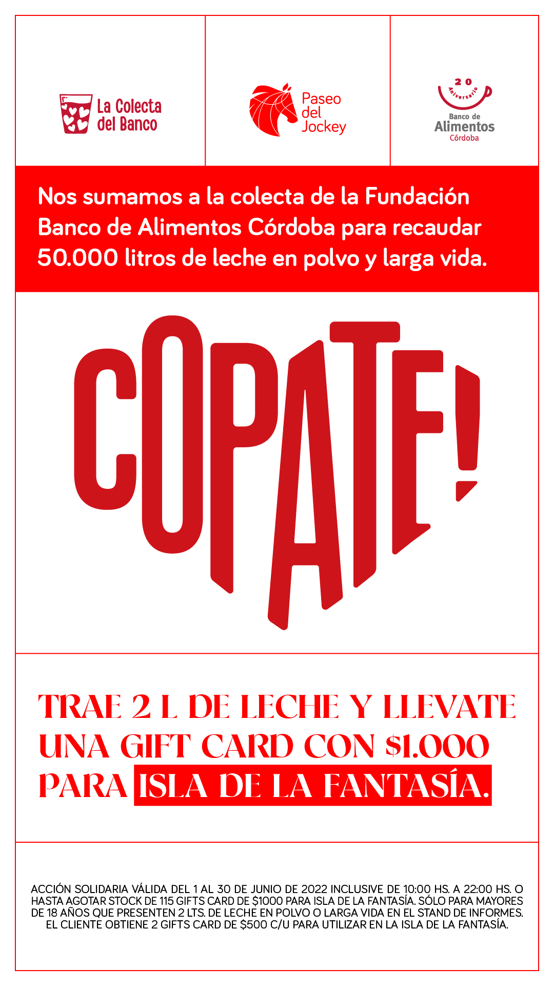 Paseo del Jockey invita a participar de la acción solidaria “Copate” impulsada por el Banco de Alimentos.