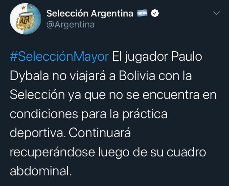 Paulo Dybala no viajó a Bolivia con la selección Argentina por un problema abdominal