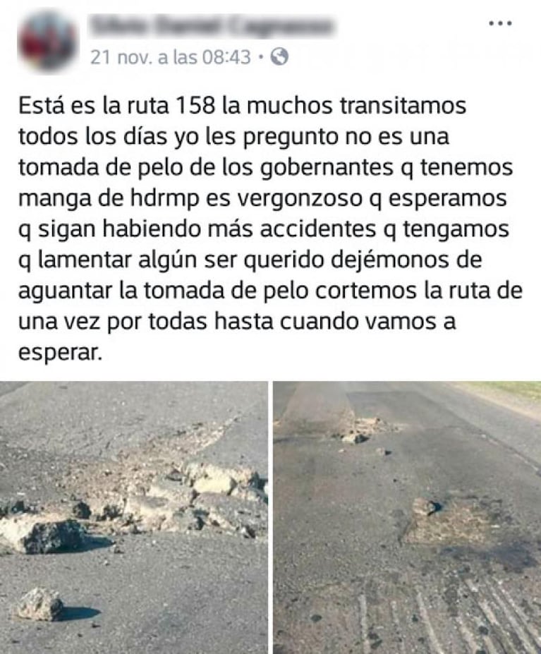 Peligro en la ruta 158: afirman que hay seis pozos por kilómetro