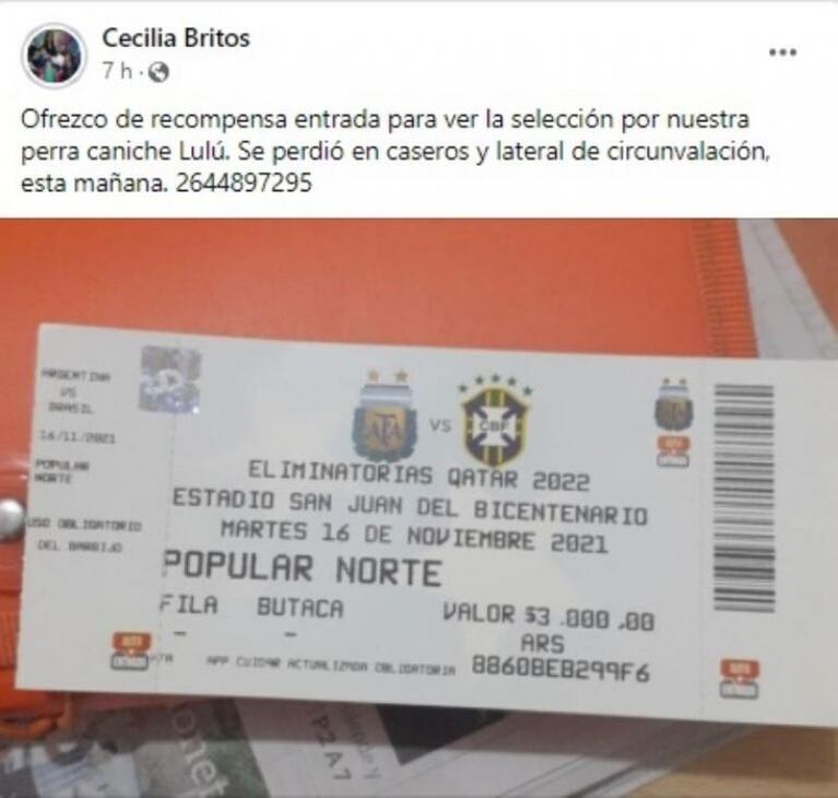 Perdió a su perrita y ofrece la entrada para ver a Messi como recompensa