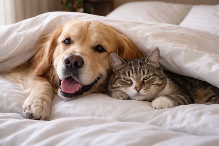 Perro y gato, con beneficios y riesgos en la cama.