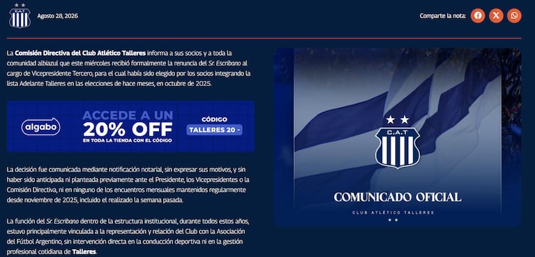 Polémica en Talleres por el comunicado tras la renuncia de Escribano: fuerte crítica de un exdirigente