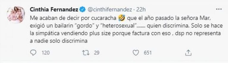 Polémico tweet de Cinthia Fernández contra Mar Tarrés