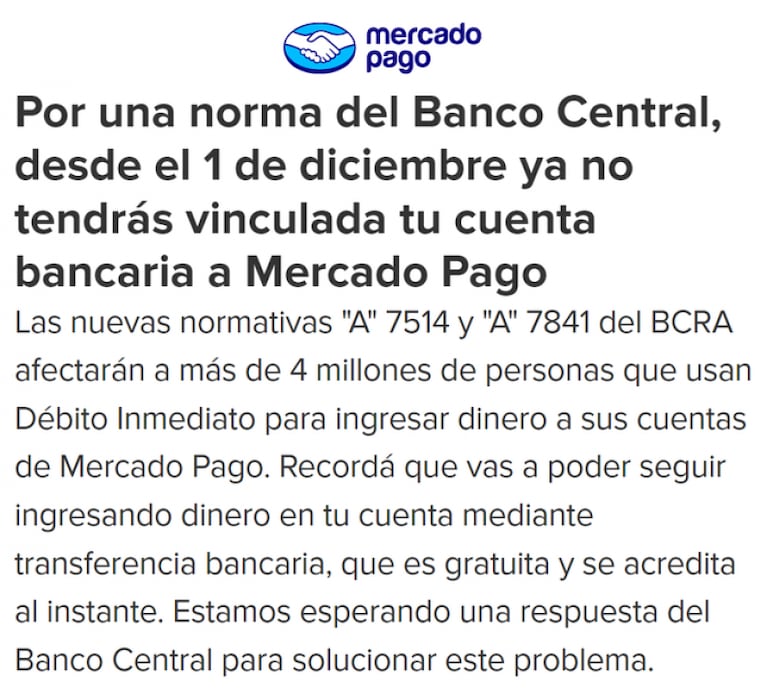 Por normas del Central, Mercado Pago puso fin a una función clave: desde cuándo y cómo afecta