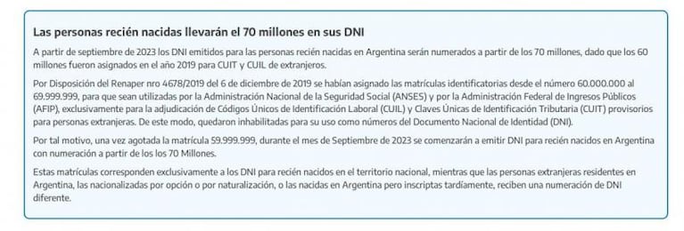 Por qué los recién nacidos comenzarán a tener DNI 70 millones y no 60