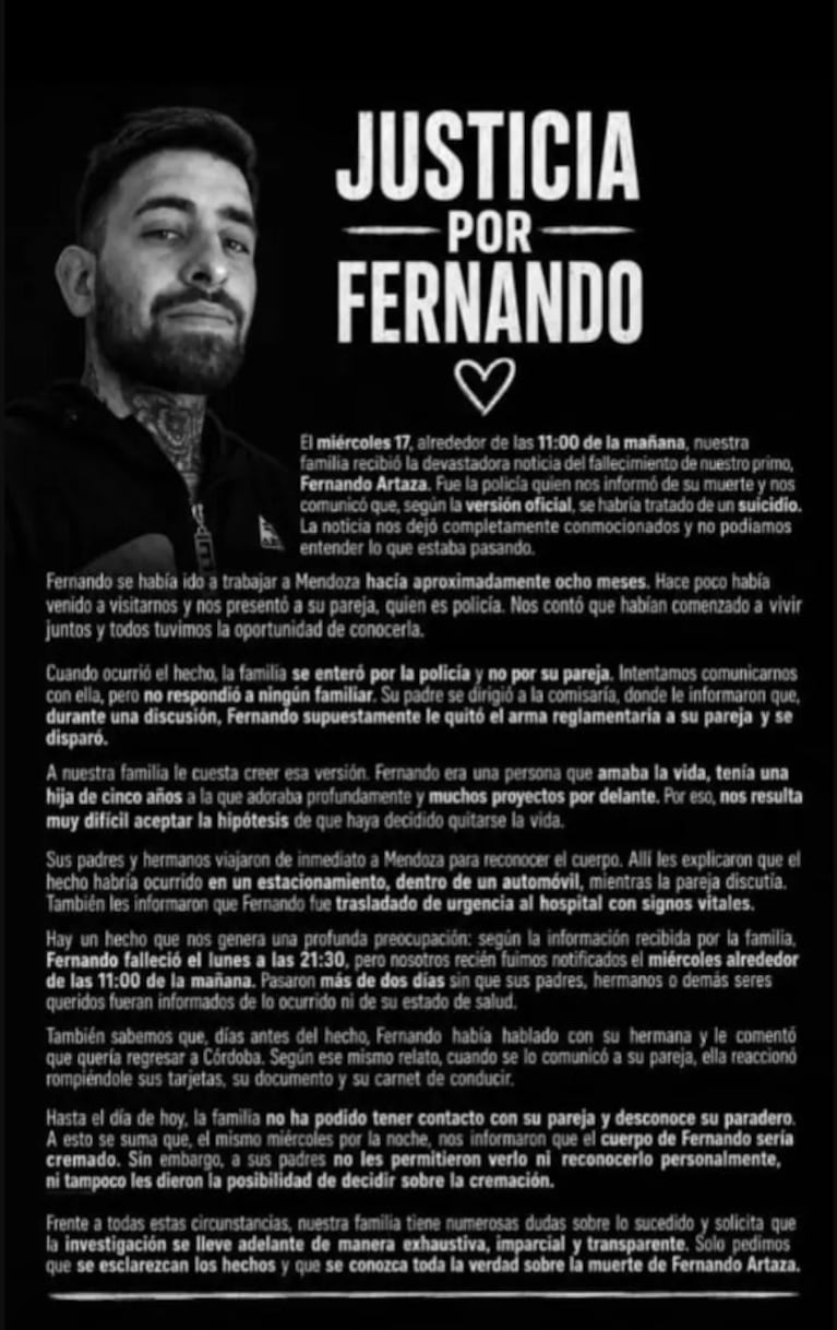 Presunto suicidio de un cordobés en Mendoza: su familia pide investigar a la novia policía