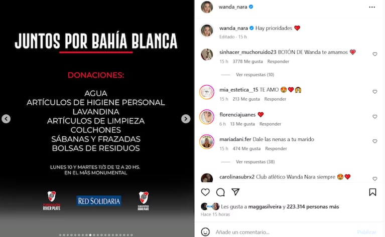 “Prioridades”: Wanda Nara llevó donaciones para Bahía Blanca a River y pidió solidaridad