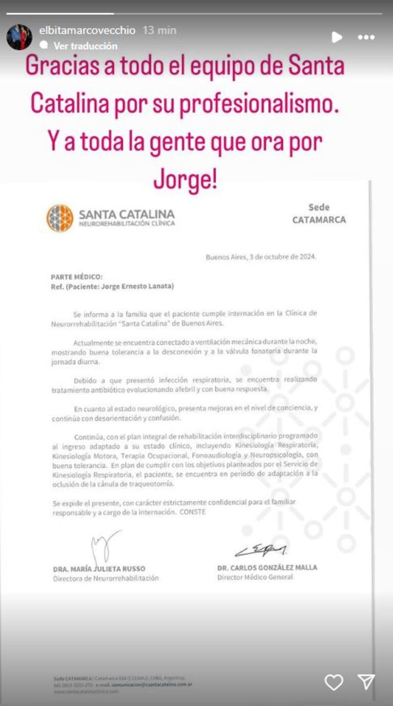 Qué dice el parte médico de Jorge Lanata tras su traslado a una clínica de neurorrehabilitación (Foto: Instagram / elbitamarcovecchio)