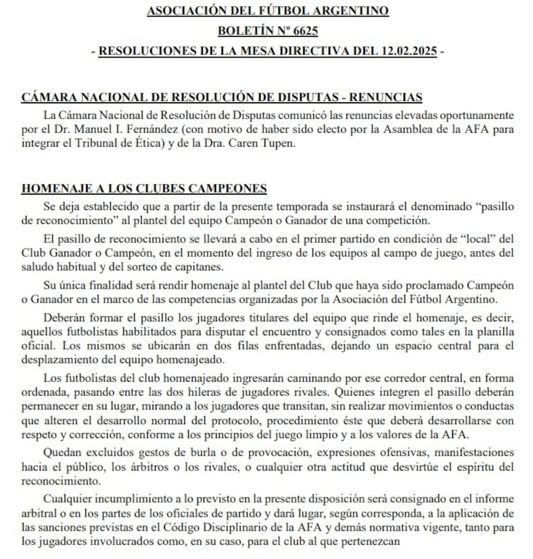 Qué dice el reglamento de AFA sobre el "pasillo al campeón".