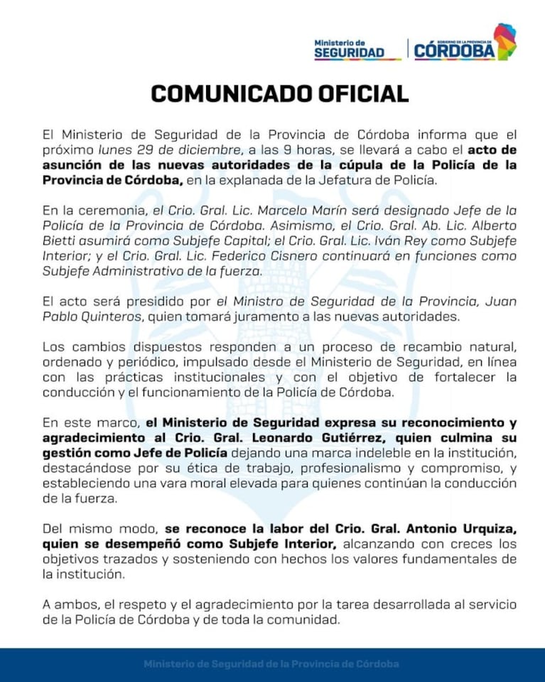 Quinteros cambió la cúpula de la Policía: Marcelo Marín, el nuevo jefe