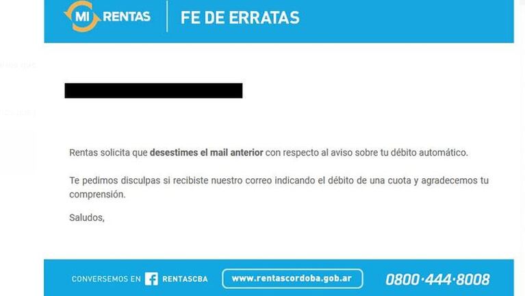 Rentas envió mails con débitos erróneos, se rectificó y pidió disculpas