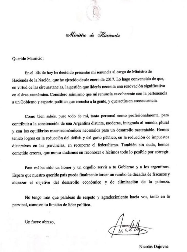 Renunció Nicolás Dujovne: se sacude el Gabinete de Macri tras las PASO