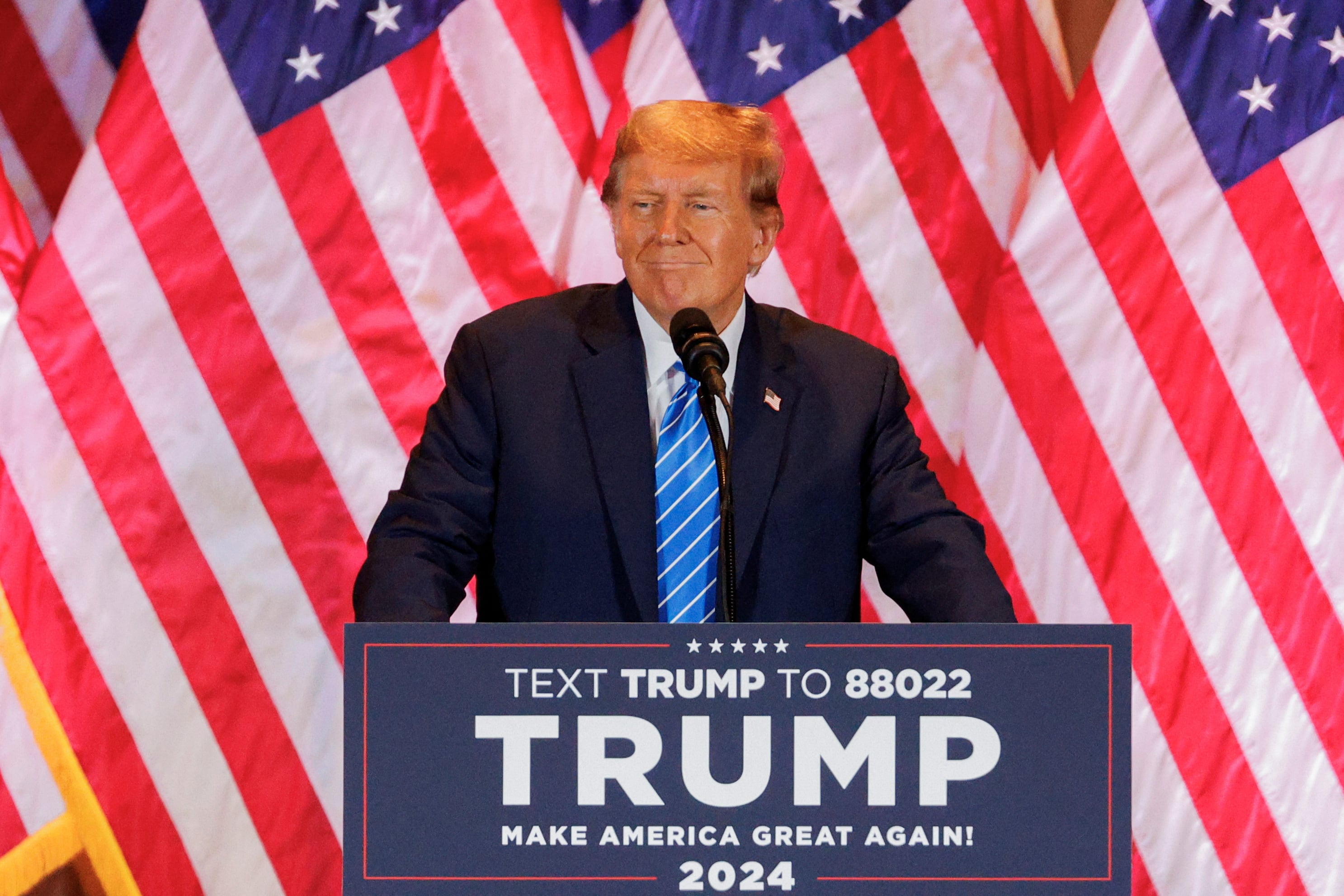 Republican presidential candidate and former U.S. President Donald Trump reacts as he speaks at a watch party event to mark the Super Tuesday primary elections at his Mar-a-Lago property, in Palm Beach, Florida, U.S. March 5, 2024. REUTERS/Marco Bello  REFILE - QUALITY REPEAT