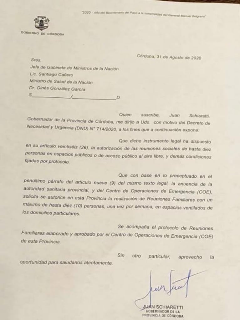 Reuniones familiares en Córdoba: la carta que Schiaretti mandó al Gobierno Nacional