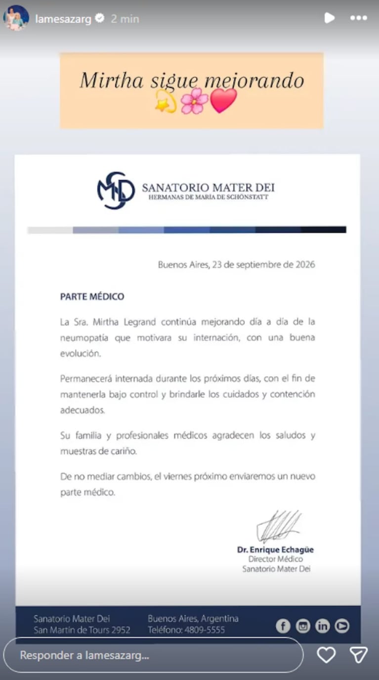 Revelaron cómo sigue la salud de Mirtha Legrand: el parte médico actualizado