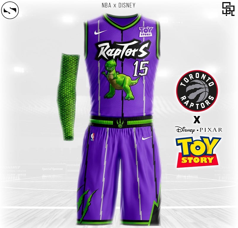 Rex, de Toy Story, se adueño de la camiseta del actual campeón Toronto Raptors.