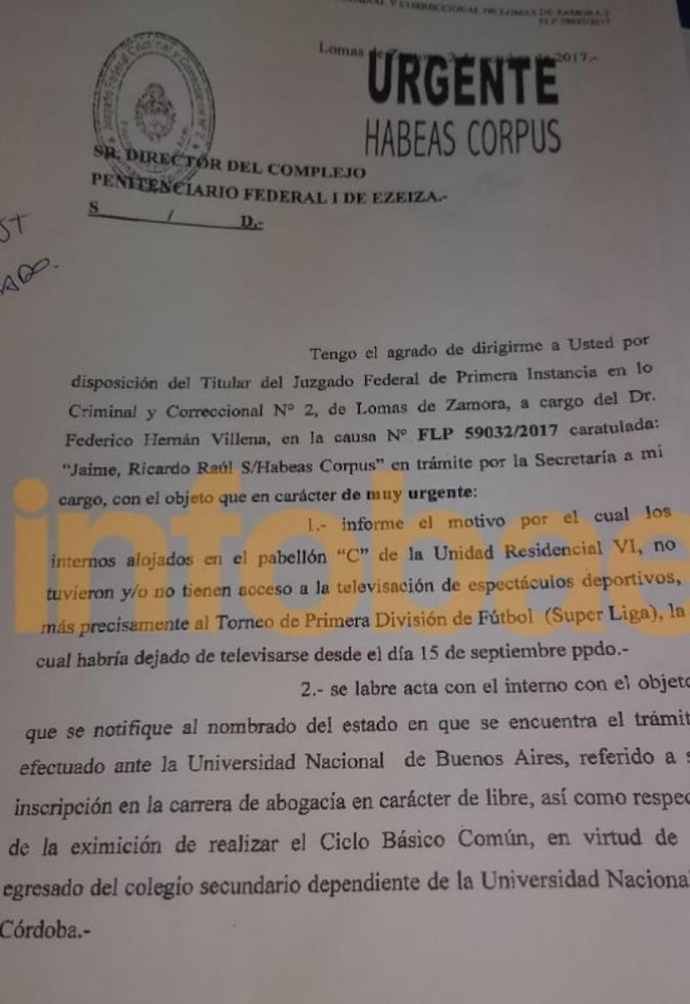 Ricardo Jaime solicitó un hábeas corpus para ver fútbol en la cárcel