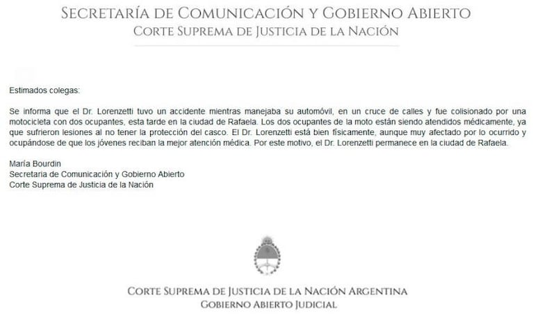 Ricardo Lorenzetti chocó contra una moto en Santa Fe