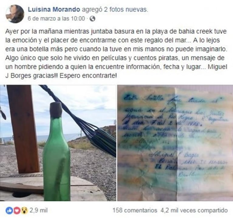 Río Negro: encontró una botella con una carta arrojada al mar hace 44 años