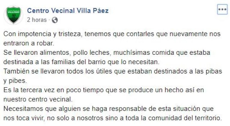 Robaron por tercera vez en un comedor de barrio Villa Páez