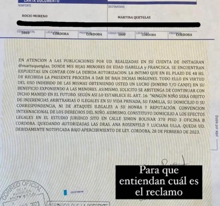 Rocío Moreno estalló contra la novia de Londra y le envió una carta documento