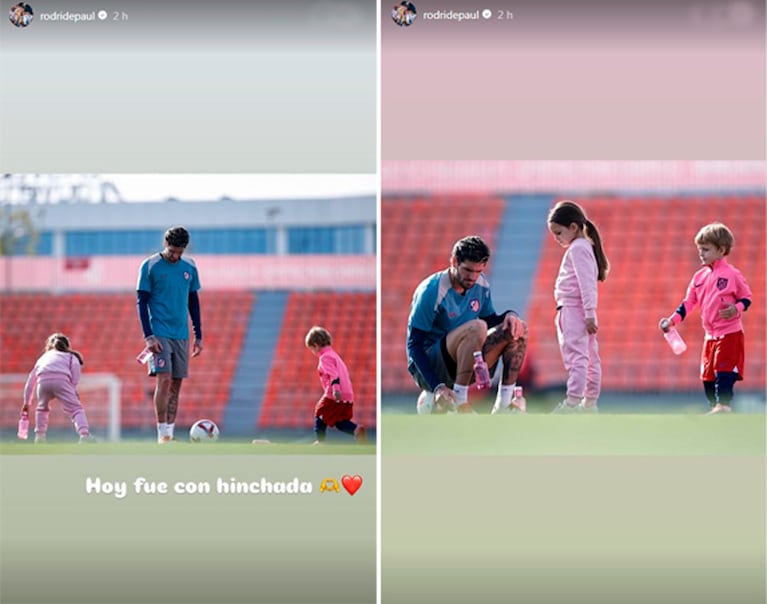 Rodrigo de Paul junto a sus hijos en plena práctica.