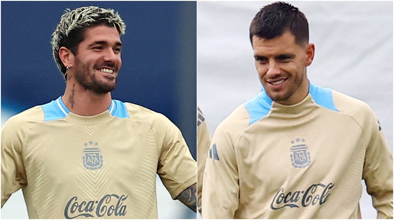 Rodrigo De Paul y Giovanni Lo Celso protagonizaron un divertido momento en el último entrenamiento de la Selección argentina antes del partido contra Bolivia. (Fotos: Reuters).