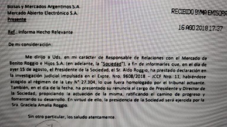 Roggio, arrepentido: renunció a la presidencia de su compañía