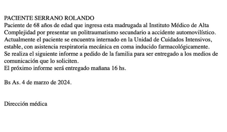 Roly  Serrano ya está internado en un hospital de Capital Federal.