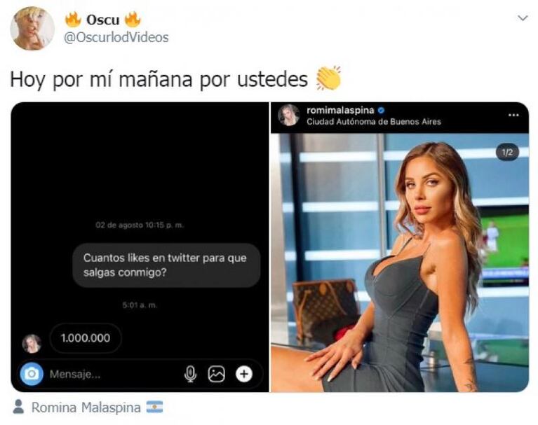 Romina Malaspina perdió al desafiar a un influencer por una cita y se excusó en la cuarentena