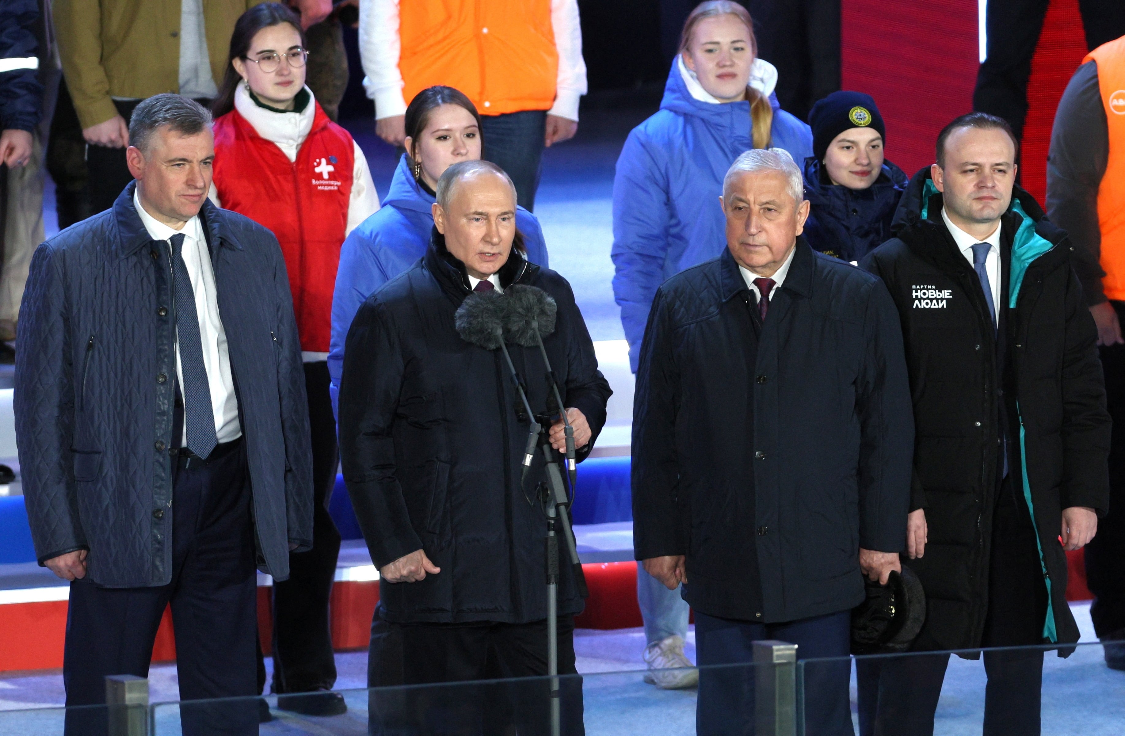 Russian incumbent President Vladimir Putin, who was declared winner of the presidential election by the country's electoral commission, and defeated candidates Nikolai Kharitonov, Vladislav Davankov and Leonid Slutsky attend a rally, which marks the 10th anniversary of Russia's annexation of Crimea from Ukraine, in Red Square in central Moscow, Russia, March 18, 2024. Sputnik/Gavriil Grigorov/Kremlin via REUTERS ATTENTION EDITORS - THIS IMAGE WAS PROVIDED BY A THIRD PARTY.