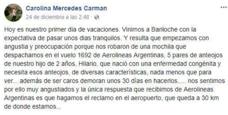 Salieron de vacaciones y les robaron los anteojos especiales de su hijo