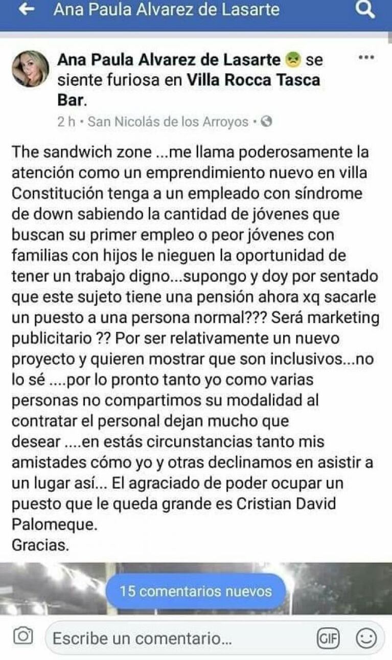 Salió a comer, la atendió una persona con síndrome de Down y escribió un indignante mensaje