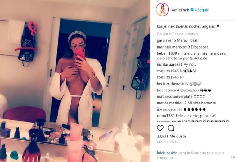 Saludo hot: Karina Jelinek posó en topless antes de dormir